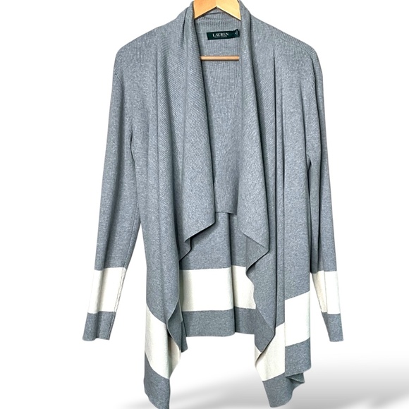 LAUREN RALPH LAUREN Cotton Modal Blend Open Front Cardigan Grey & Cream Sz M - Picture 4 of 11